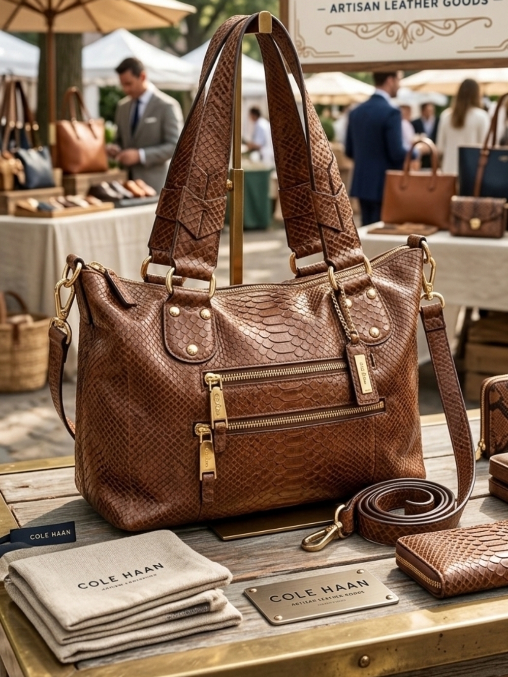 Cole Haan Leather Shoulder Bag/Carry Bag. "BETHANY" BROWN SNAKESKIN